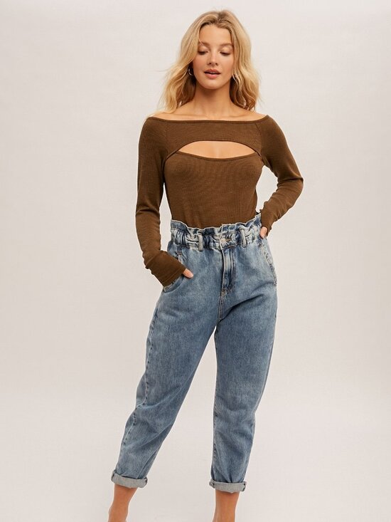 HEM & THREAD Olive Cutout Ribbed Knit Top | Long Sleeve Fitted Stretch Tee - Picture 3 of 7